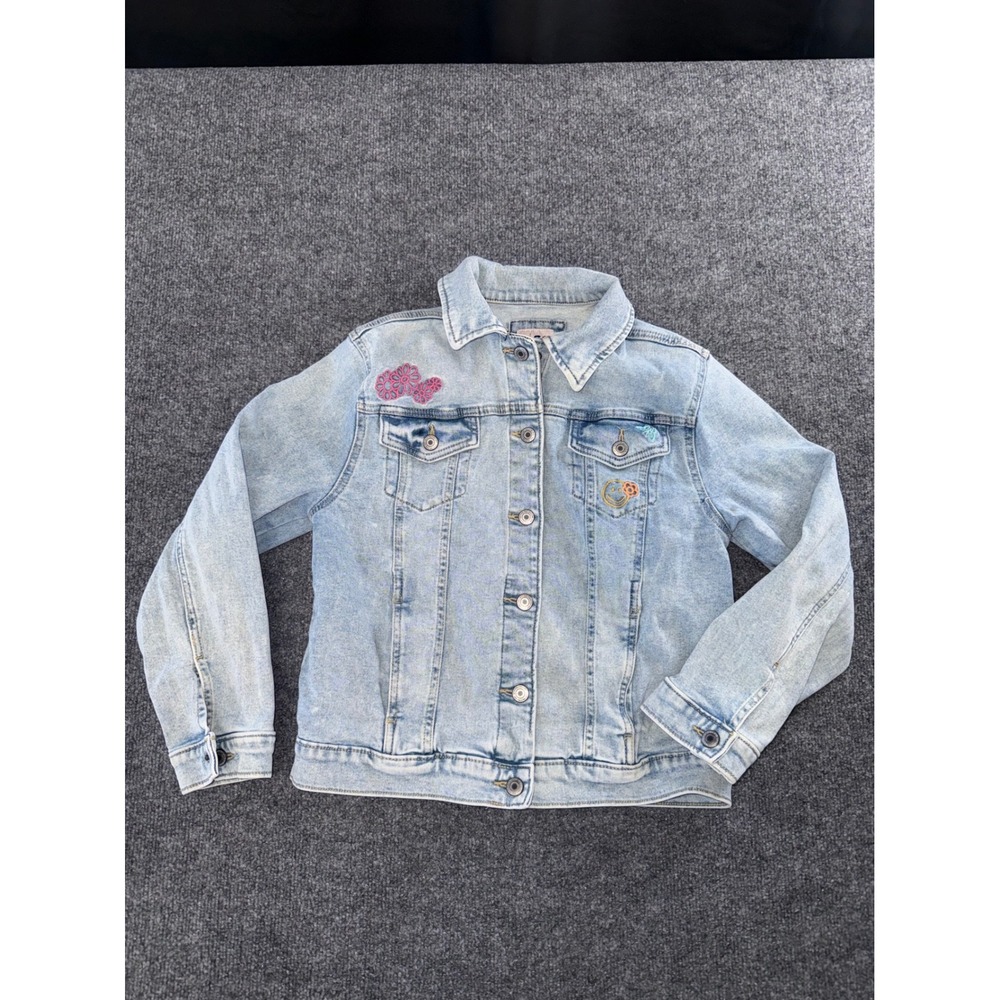 SO Kids Light Wash Denim Jacket Embroidered Smiley Face Butterfly Floral Size L